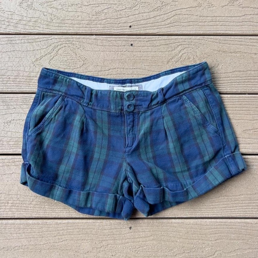 Vtg Y2K Abercrombie & Fitch Blue & Green Plaid Mini Shorts 6 Academia Grunge